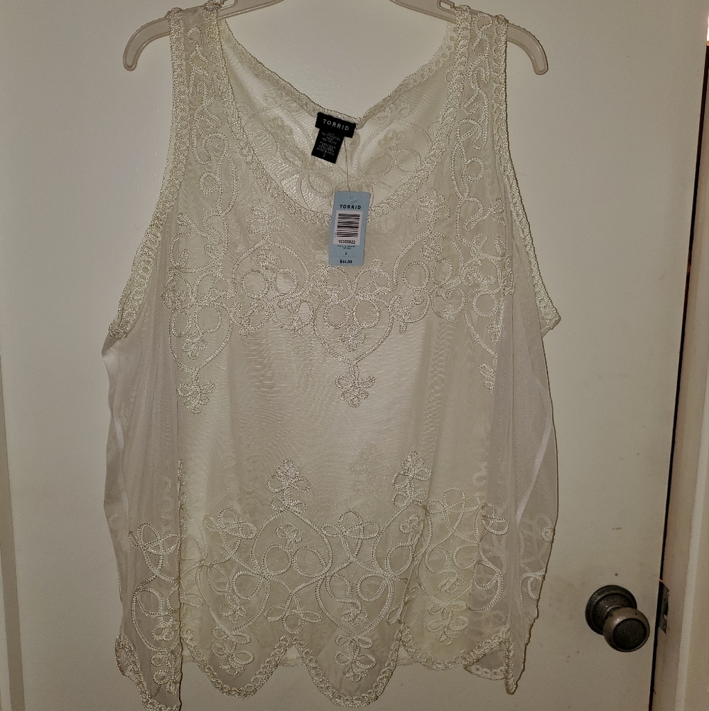Torrid, mesh, embroidered ivory tank top